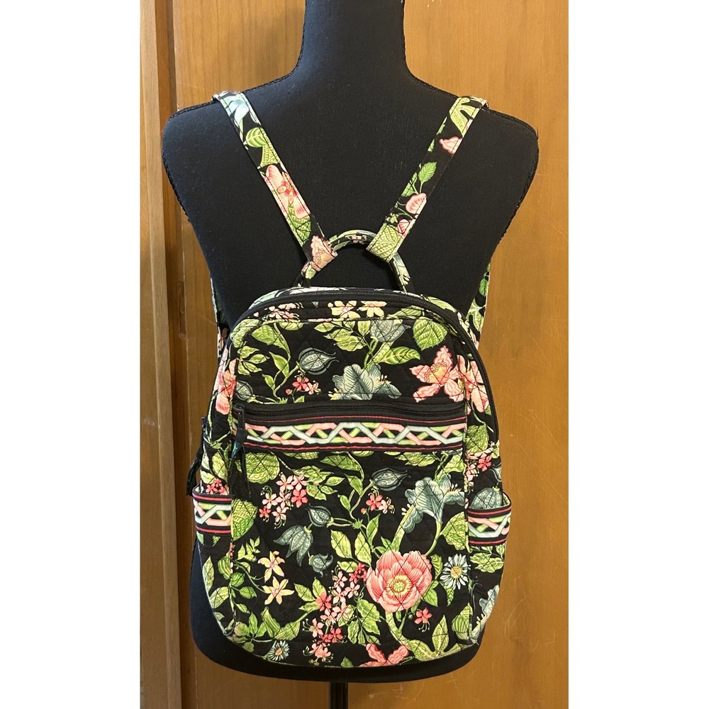 Vera Bradley Floral Quilted Backpack Black Green Pink 14x11